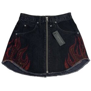 Carmar Los Angles Beatrice Flame Rhinestone Denim Mini Skirt Sz 25 NWT Blk B29